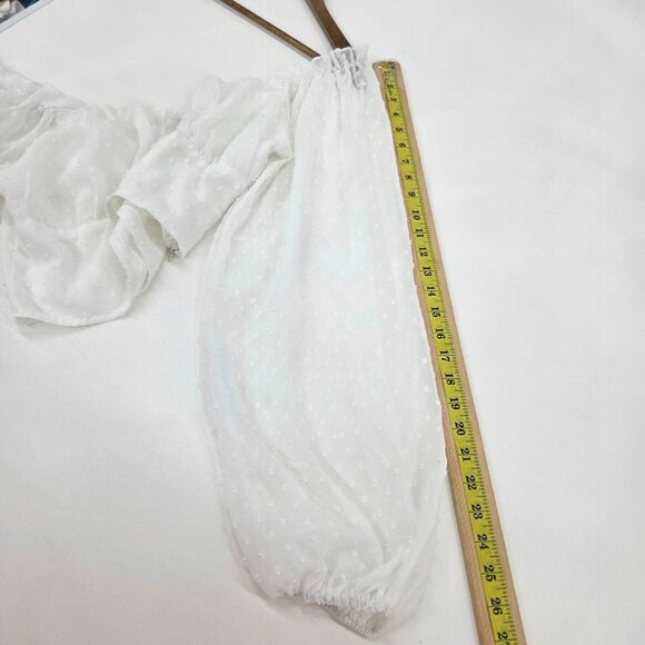 White Chiffon Swiss Dot Milkmaid Top Size L Lantern Sleeve Crop Ruched Bust - Picture 12 of 12